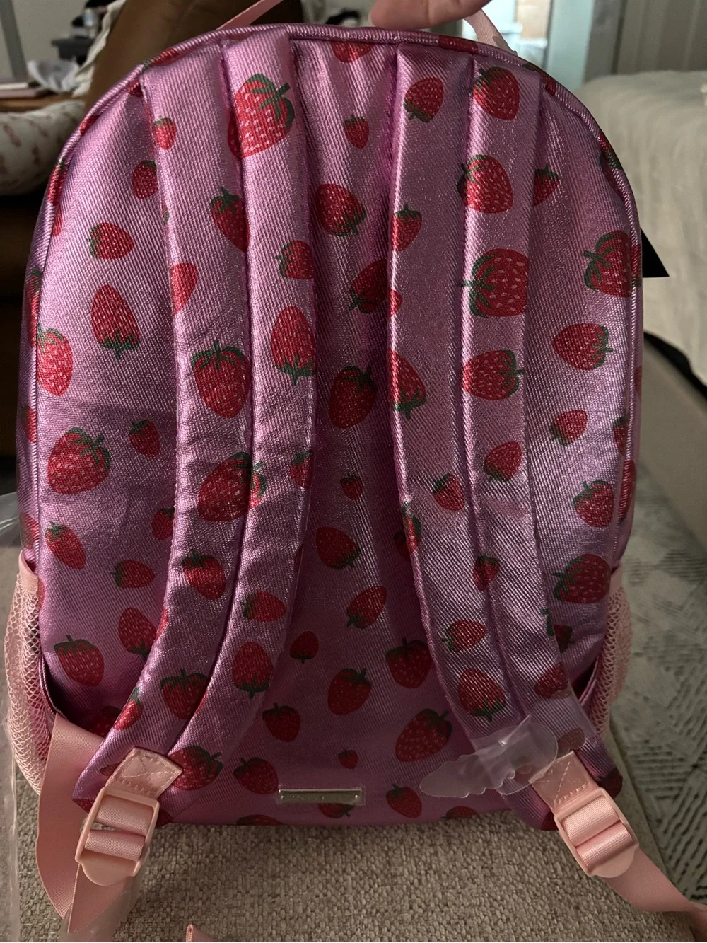 Madden Girl Kids Pink Strawberry Print Backpack with Plush Keychain